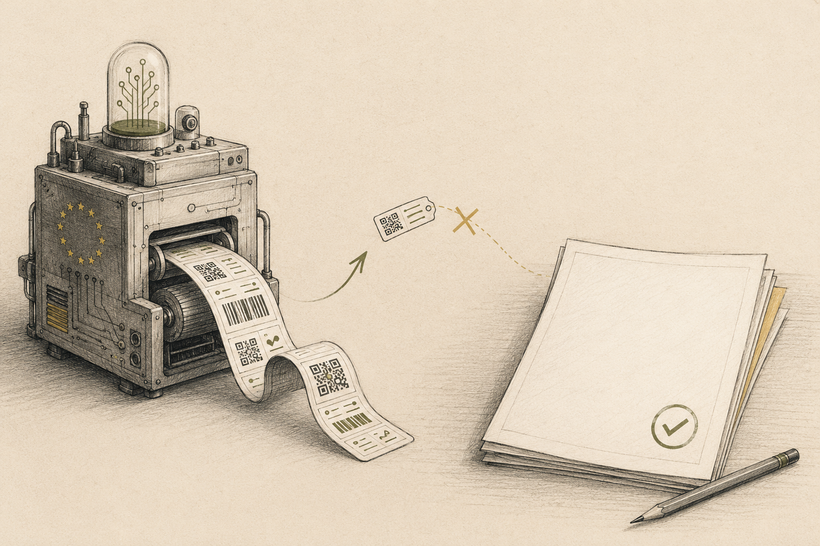 Pencil drawing of a machine bearing the European Union stars printing a strip of QR-coded labels, with one loose label crossed out before it reaches a stack of plain papers marked with a tick.