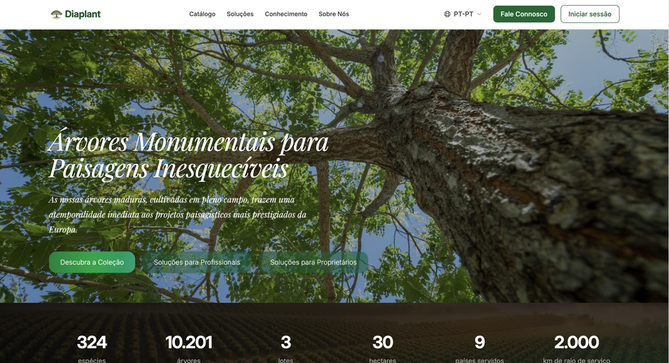 Site novo da Diaplant: homepage com árvore monumental, 2026
