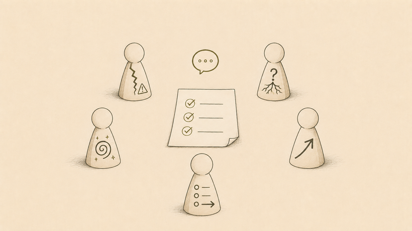 Five wooden game pieces arranged in a circle around a sheet of paper holding three ticked items, each piece marked with a different symbol, with a speech bubble above them.
