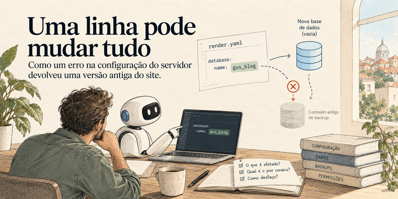 Uma pessoa e um robô pequeno diante de um portátil com render.yaml e o nome gus_blog, que uma seta leva a uma base de dados nova e vazia; ao lado, um caderno aberto com três perguntas: o que é afetado, qual é o pior cenário, como desfaço.