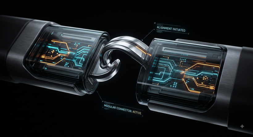 Duas metades de um conector modular a fechar uma sobre a outra, com os circuitos acesos através do invólucro transparente, legendadas alignment initiated e modular connector active.