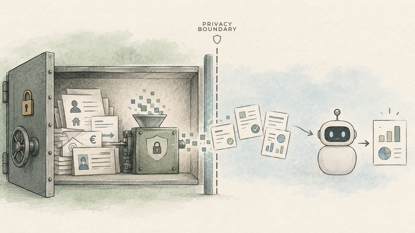 Open safe where a machine anonymises personal documents; only treated copies cross the privacy boundary to a robot