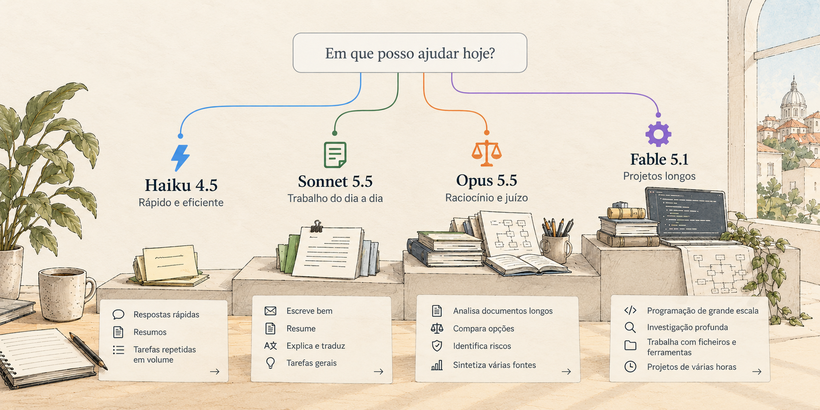 Ilustração dos quatro degraus do Claude a partir de uma caixa de pergunta: Haiku 4.5, rápido e eficiente; Sonnet 5.5, trabalho do dia a dia; Opus 5.5, raciocínio e juízo; e Fable 5.1, projetos longos, cada um com as tarefas que lhe assentam.
