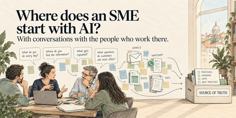 Four people around a table with speech bubbles asking what they do every day and what gets repeated; arrows carry the answers from emails, WhatsApp, Excel and PDFs into a box labelled Source of Truth.