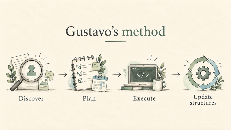 Diagram of four steps joined by arrows: discover, plan, execute, update structures.