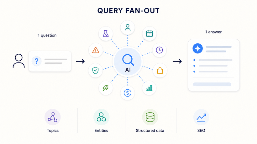 Diagram of query fan-out: one person's question opens into ten icons around an AI search circle and comes back as a single answer, with four foundations underneath: topics, entities, structured data and SEO.