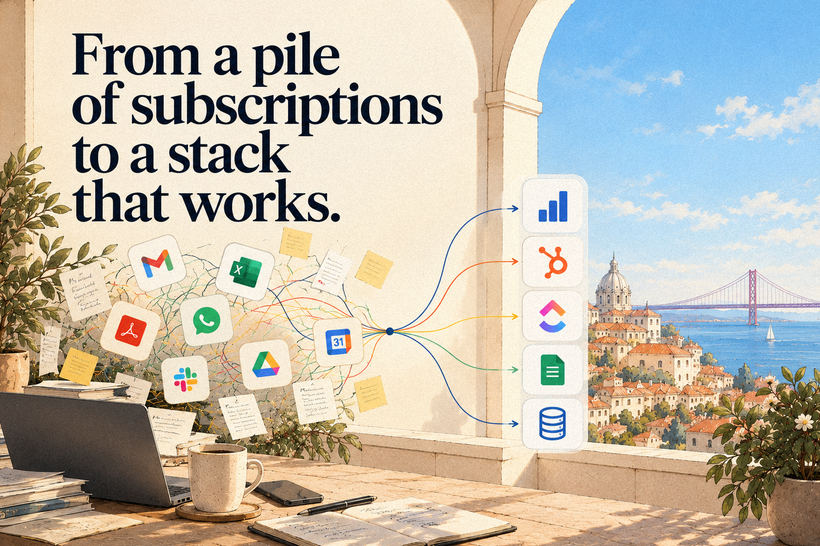 Tangled notes and app icons funnelled into five tidy cards, on a sunlit terrace above Lisbon